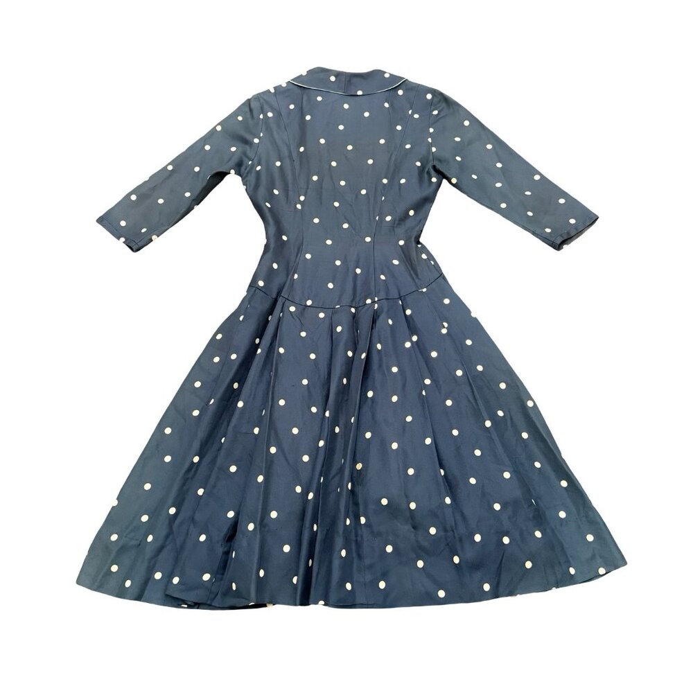 Vintage 1940s 1950s Polka Dot Full Skirt Dress Blue Button Front - Picture 11 of 11